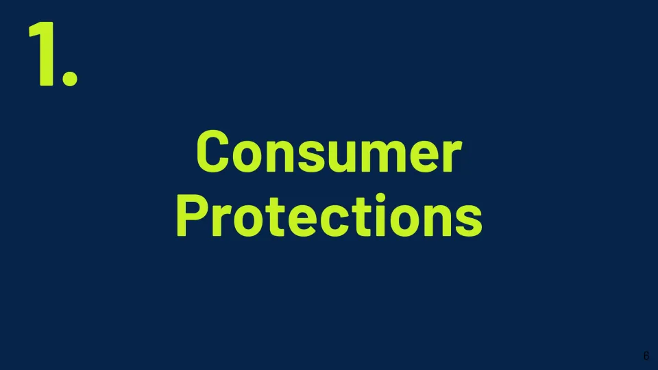 Section 1 title slide introduces Consumer Protections as the first topic in the spending skills unit
