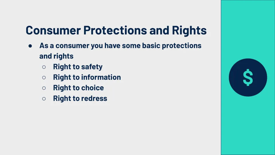 Consumer protections overview slide names four rights: safety, information, choice, and redress