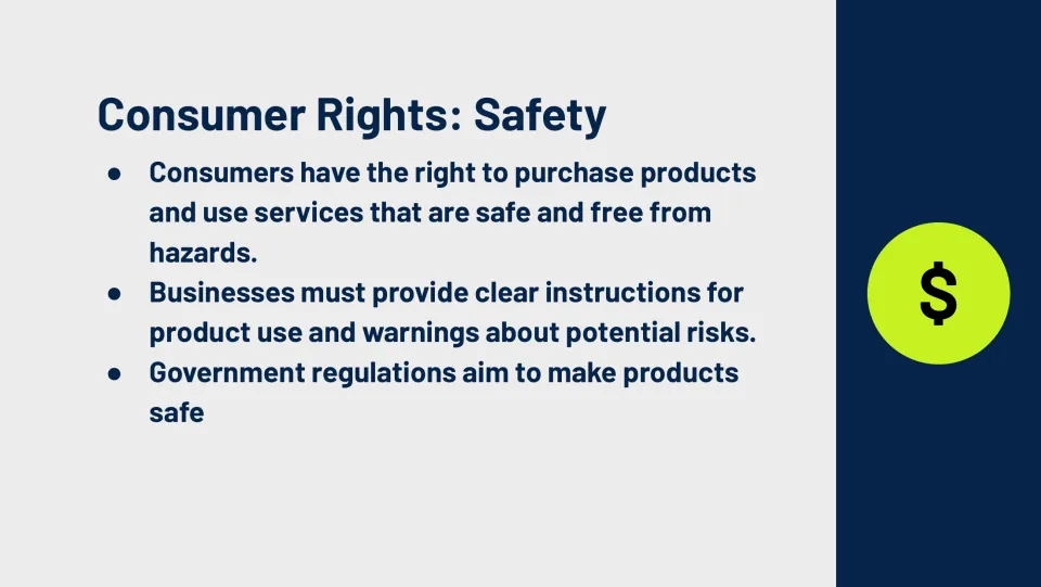 Consumer safety slide covers safe products and services, clear use instructions, warnings, and regulations