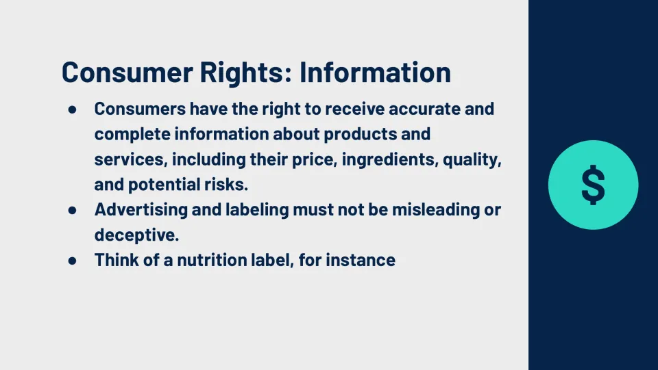 Consumer information slide covers accurate product details, truthful advertising, and nutrition labels
