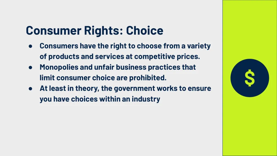 Consumer choice slide covers product variety, competitive prices, monopolies, and unfair business practices