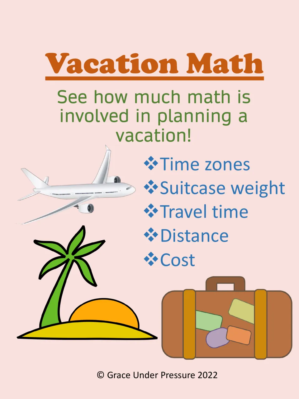 Vacation Math cover listing the math topics covered: time zones, suitcase weight, travel time, distance and cost