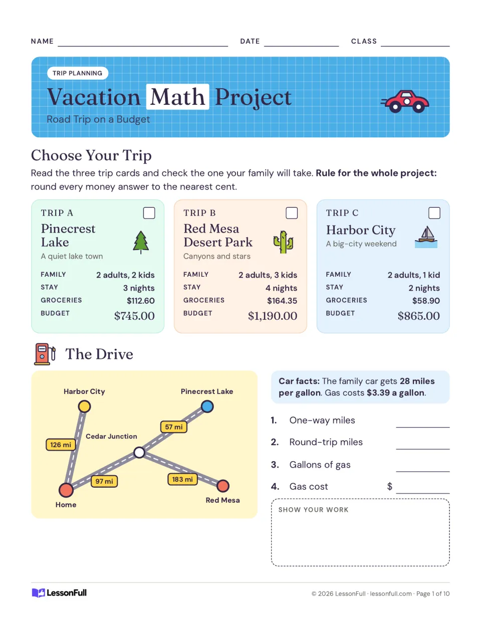 Road Trip on a Budget: students choose one of three trip cards, then use a map to work out miles, gallons and gas cost