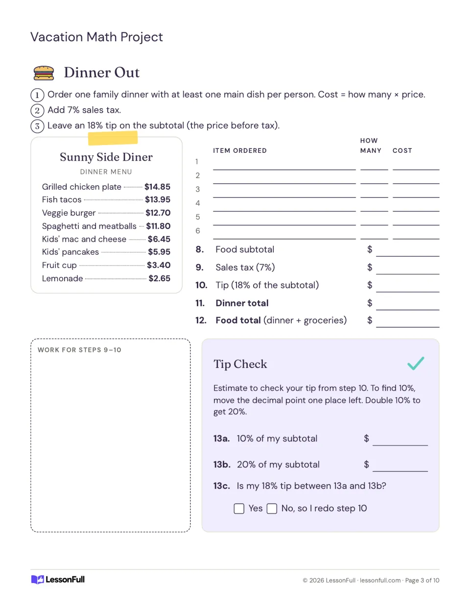 Dinner Out: students order from the Sunny Side Diner menu, add 7% sales tax and an 18% tip, then check the tip