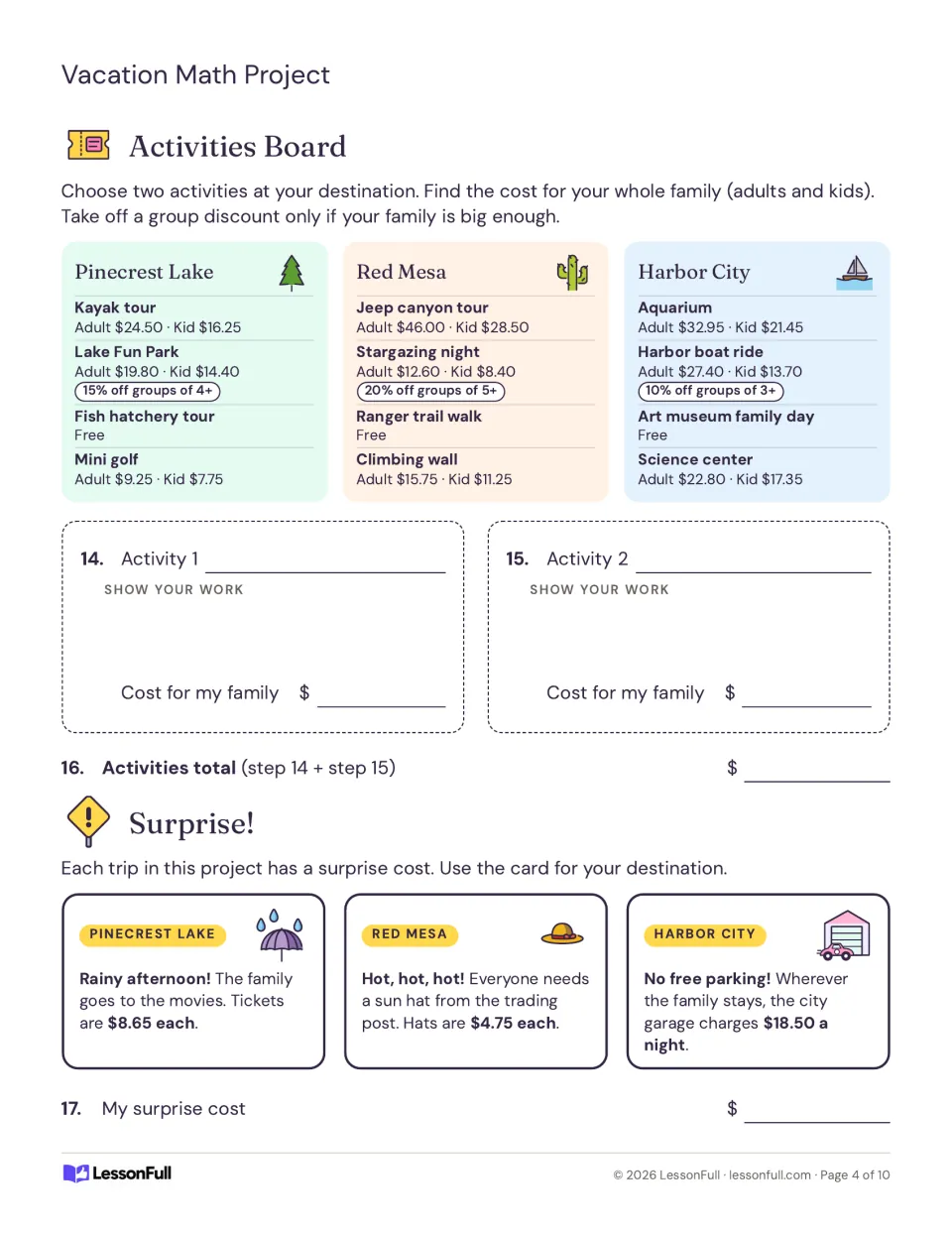 Activities Board: students price two family activities with group discounts, then add each trip's surprise cost