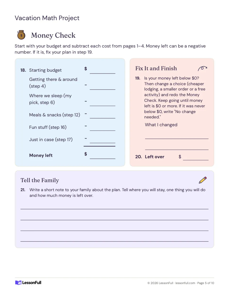 Money Check: students subtract every trip cost from the starting budget, fix a negative balance, and write a note
