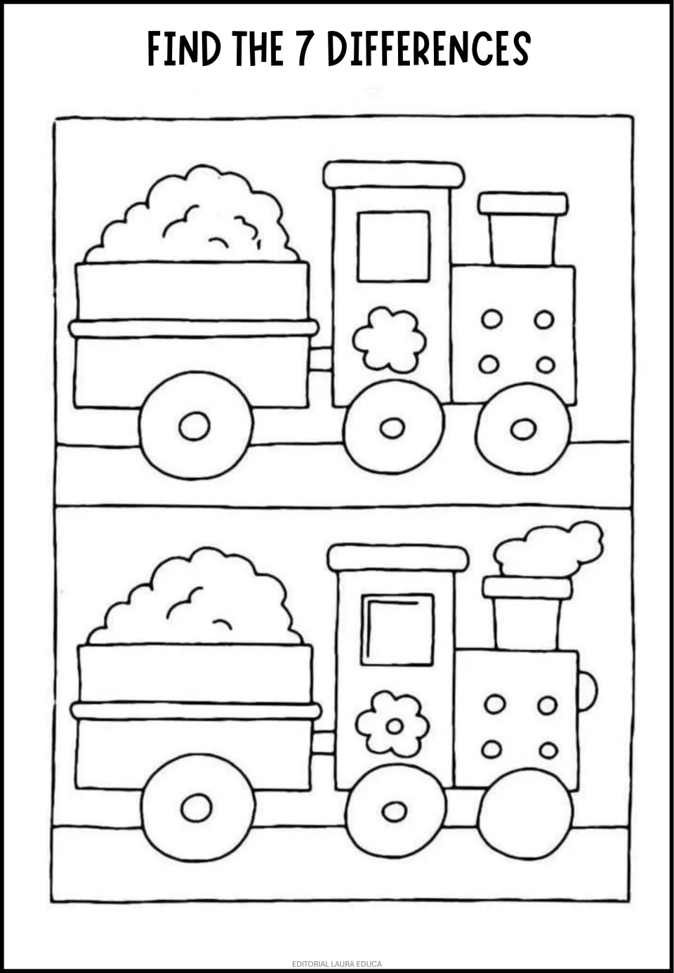 Toy train spot the difference: students compare two line drawings of an engine and coal wagon to find 7 changes