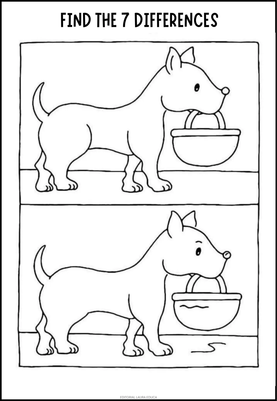 Dog carrying a basket: students compare the top and bottom drawings to spot 7 differences (visual discrimination)