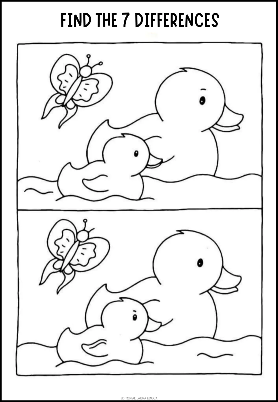 Duck, duckling and butterfly on water: students compare two scenes and mark the 7 differences by careful observation