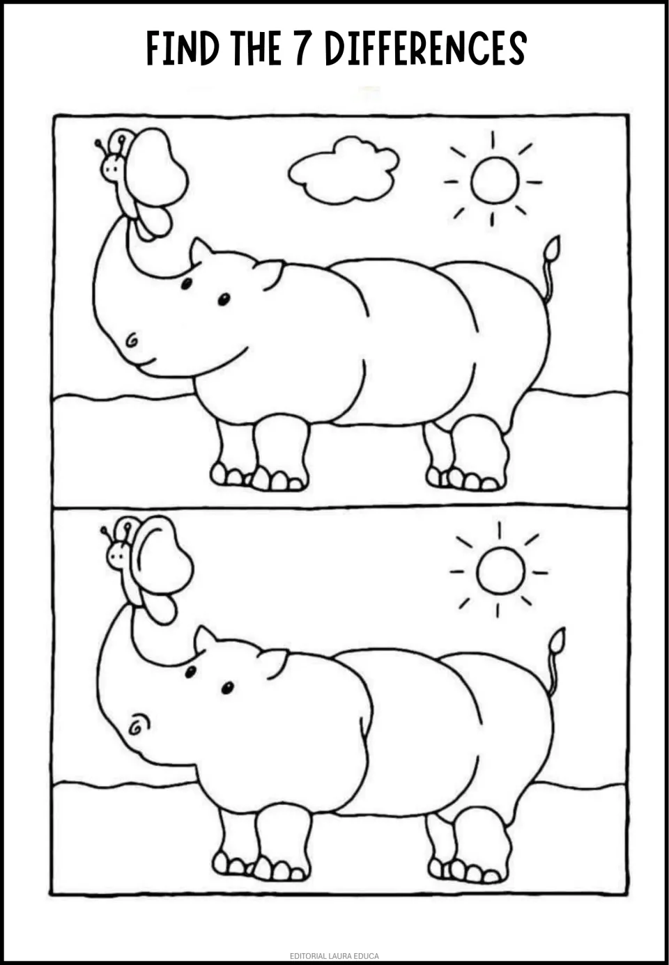 Rhino with a butterfly on its horn: students scan two sunny scenes, one missing a cloud, to find all 7 differences
