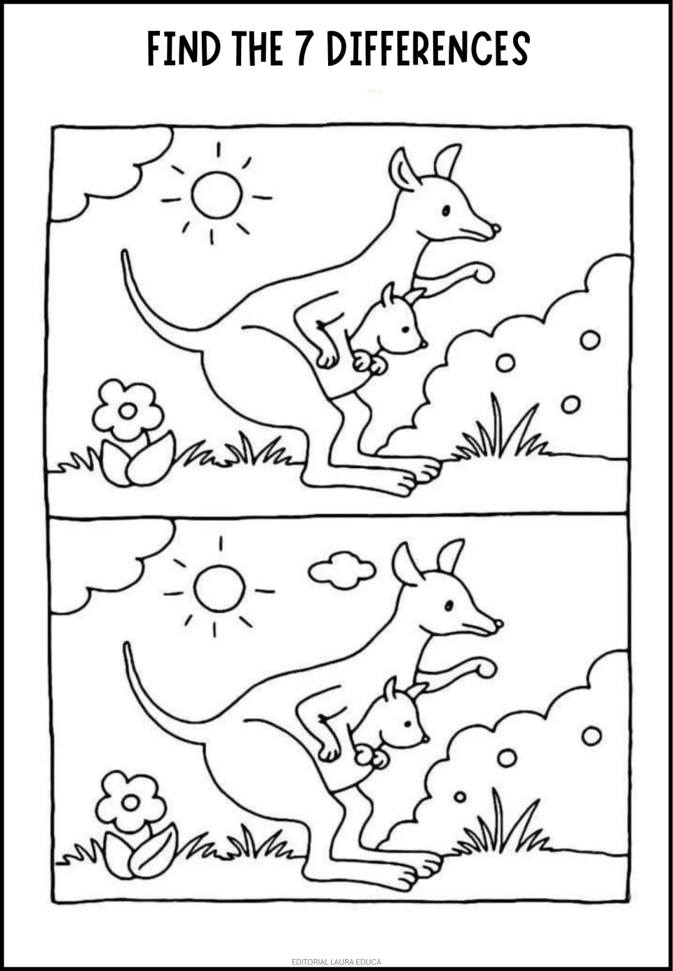 Kangaroo with a joey in its pouch: students compare two outdoor scenes with sun, bush and flower to spot 7 differences