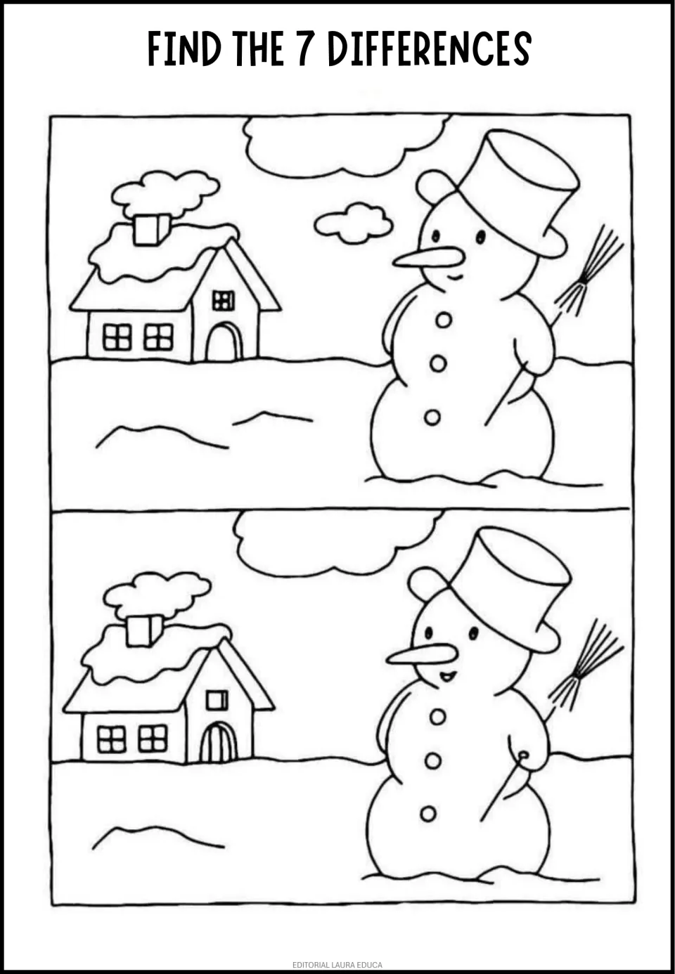 Snowman beside a snowy house: students compare two winter scenes and find the 7 differences in details like the windows