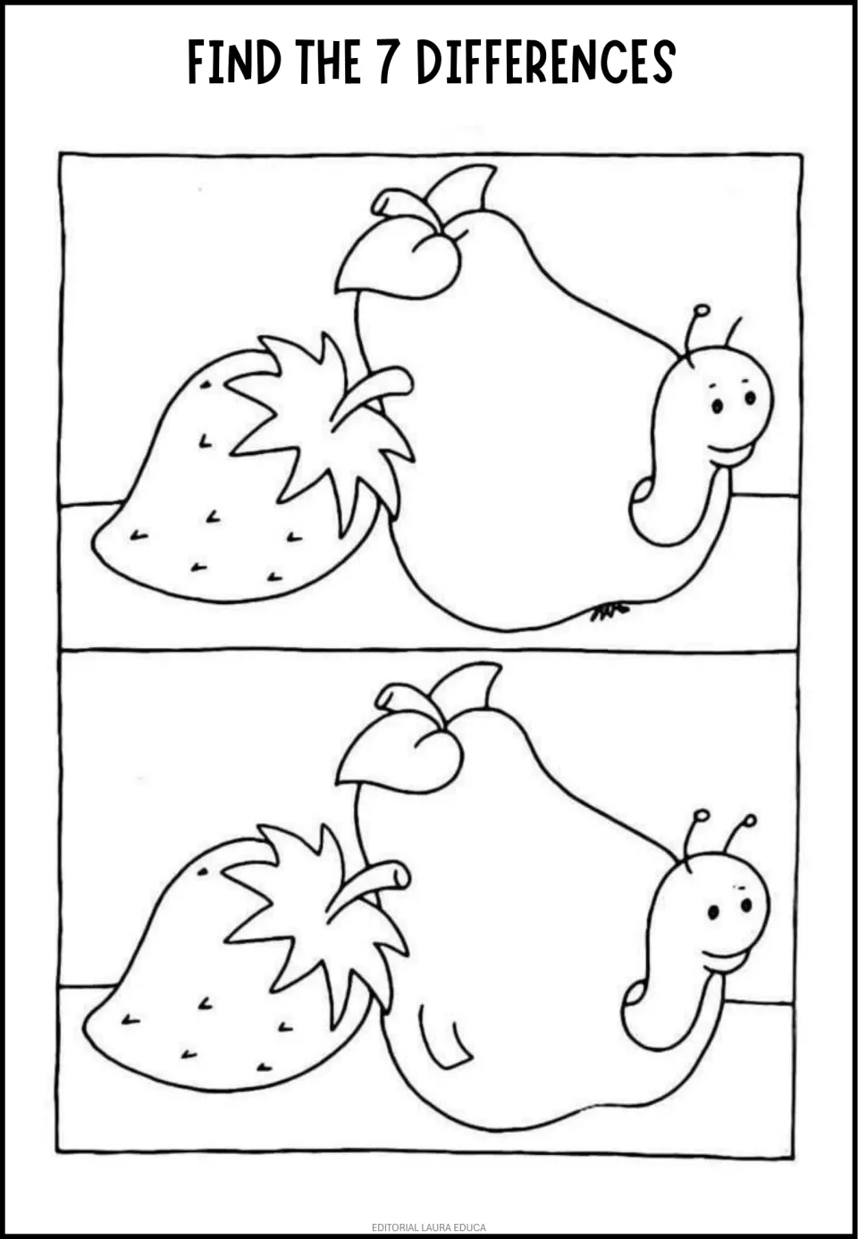 Strawberry, pear and smiling worm: students study two fruit drawings and locate the 7 differences between the pictures