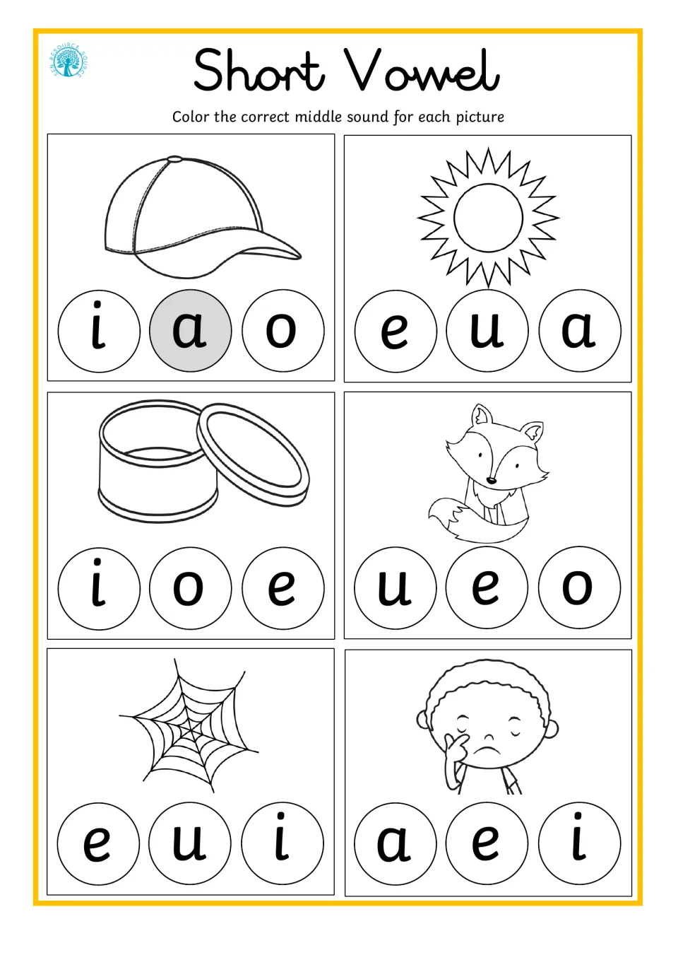 Short vowel practice 1: cap, sun, tin, fox, web, and sad pictures; color the correct middle vowel sound.