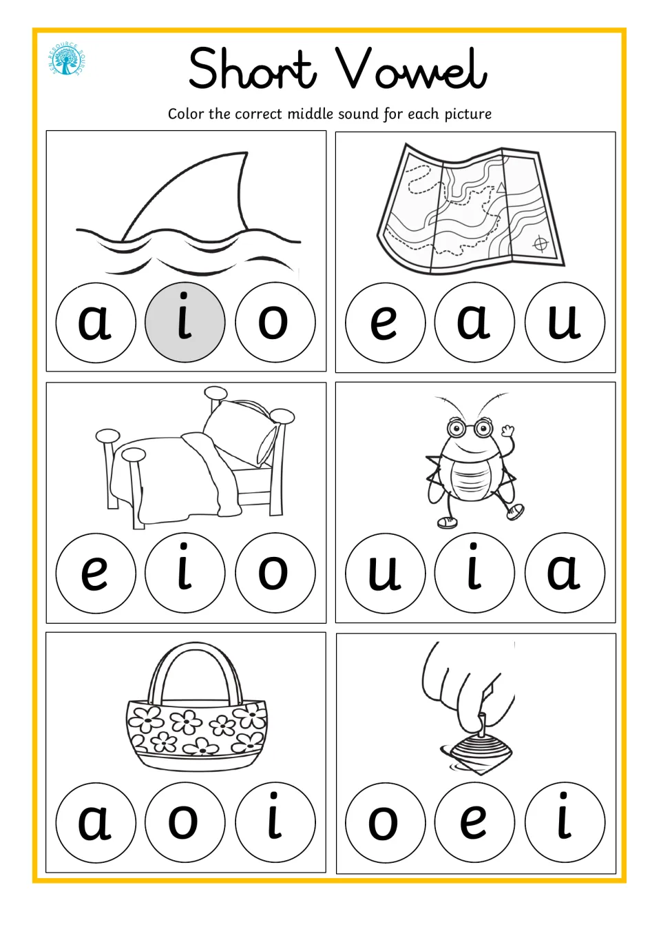 Short vowel practice 2: fin, map, bed, bug, bag, and top pictures; color the correct middle vowel sound.