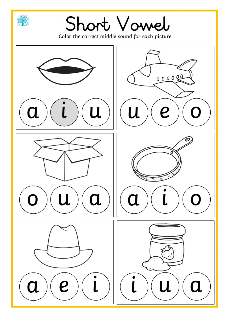 Short vowel practice 3: lip, jet, box, pan, hat, and jam pictures; color the correct middle vowel sound.