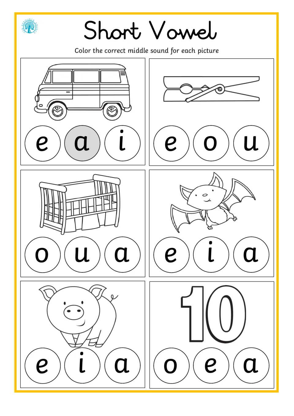 Short vowel practice 4: van, peg, cot, bat, pig, and ten pictures; color the correct middle vowel sound.