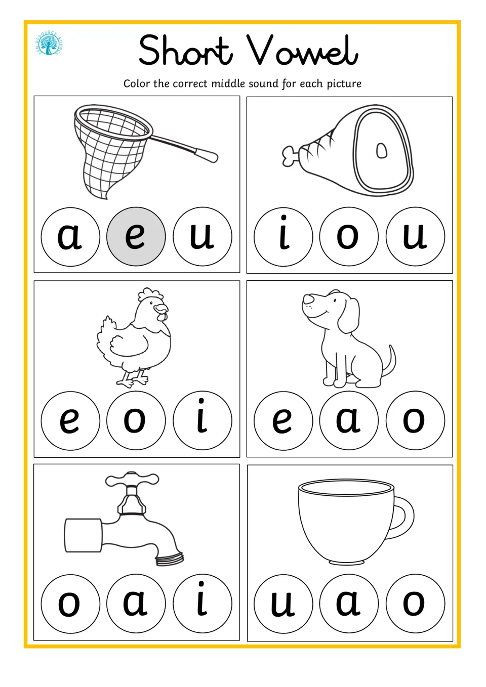 Short vowel practice 5: net, ham, hen, dog, tap, and cup pictures; color the correct middle vowel sound.