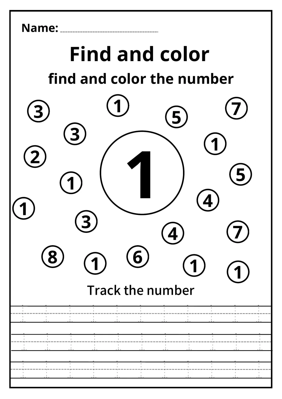 Number 1 recognition: students find and color every circled 1 among mixed digits, then trace a row of dotted 1s