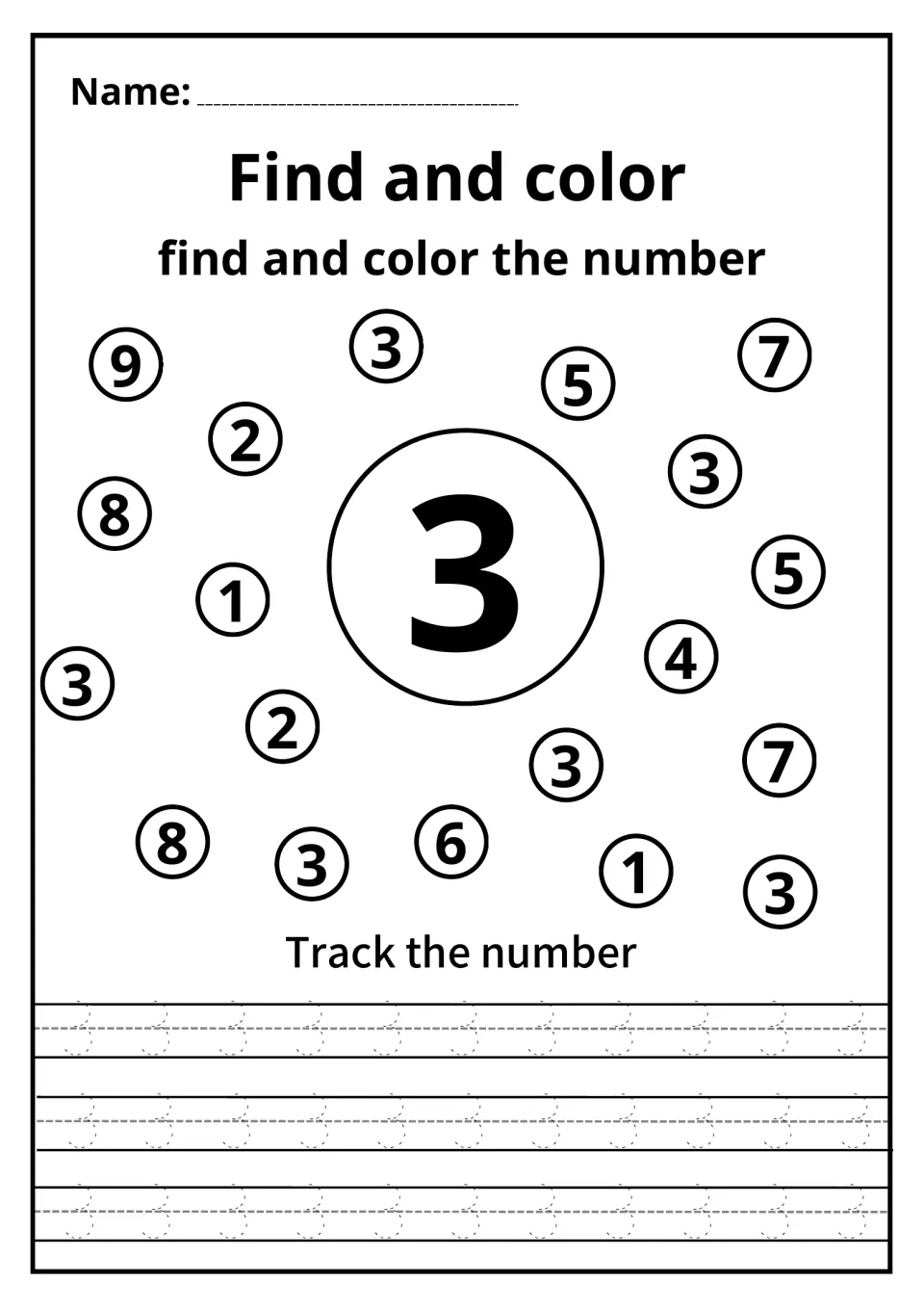 Number 3 practice: children search mixed circled digits, color the 3s, and trace dotted 3s under Track the number