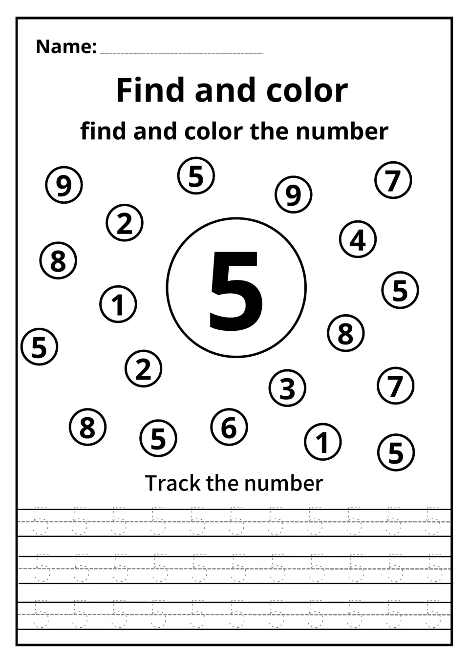 Number 5 recognition: learners color every circled 5 among digits like 9, 8 and 2, then trace dotted 5s below