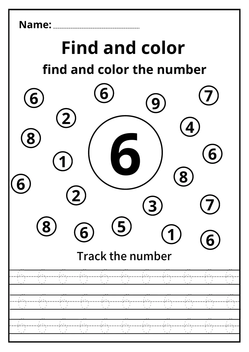 Number 6 find-and-color: students pick out circled 6s from nearby 8s and 5s, then practice writing 6 by tracing