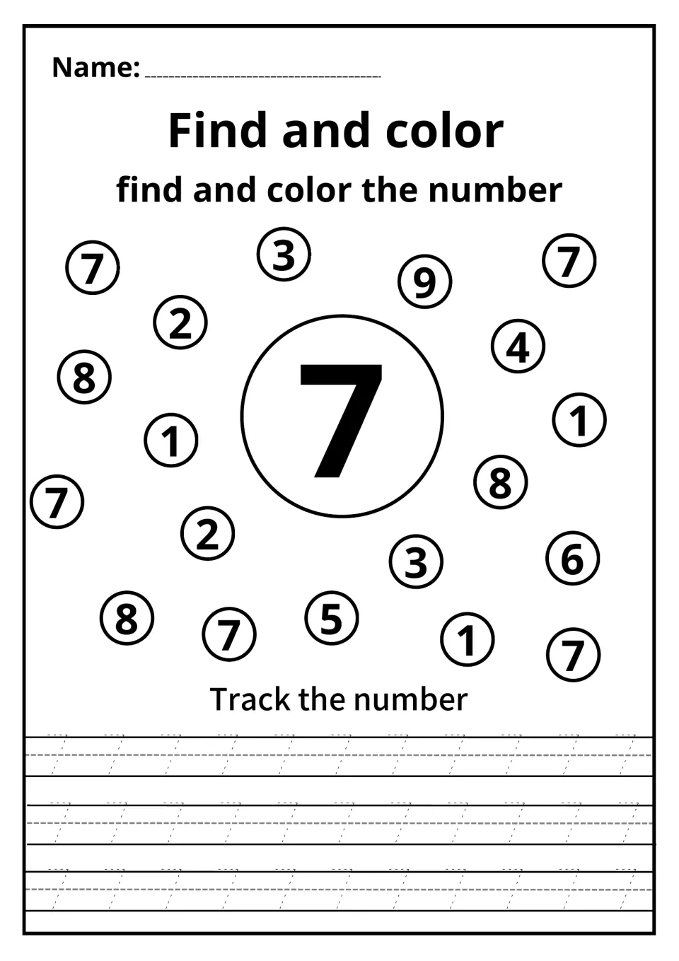 Number 7 recognition: students color the circled 7s mixed among 1s, 2s and 3s and trace dashed 7s on three rows