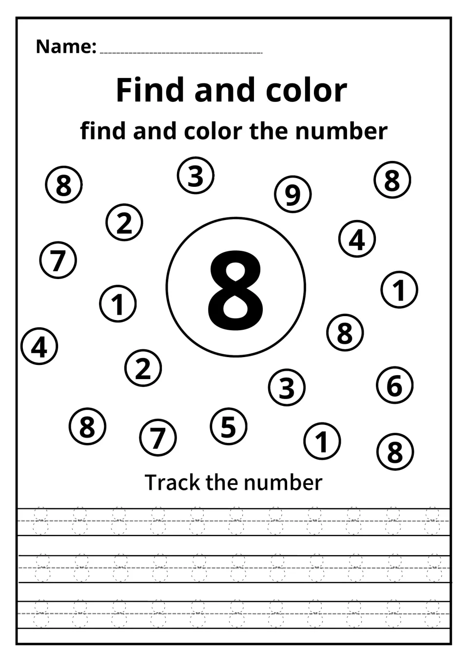 Number 8 practice: children find circled 8s among digits such as 3, 7 and 9, color them, and trace a set of dotted 8s