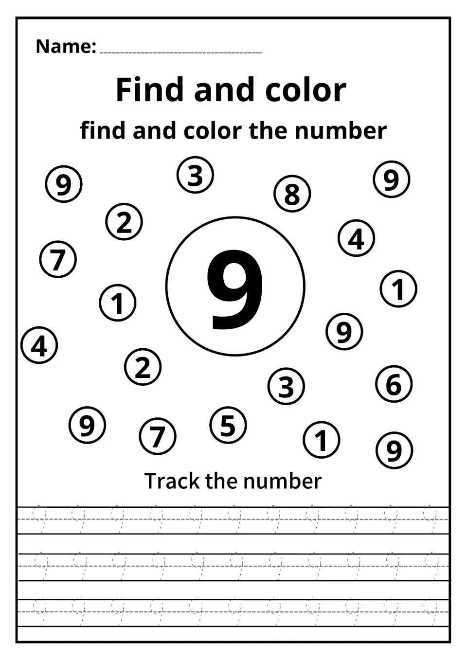 Number 9 search: students color each circled 9, telling it apart from 6s and 1s, then trace dotted 9s to form the digit