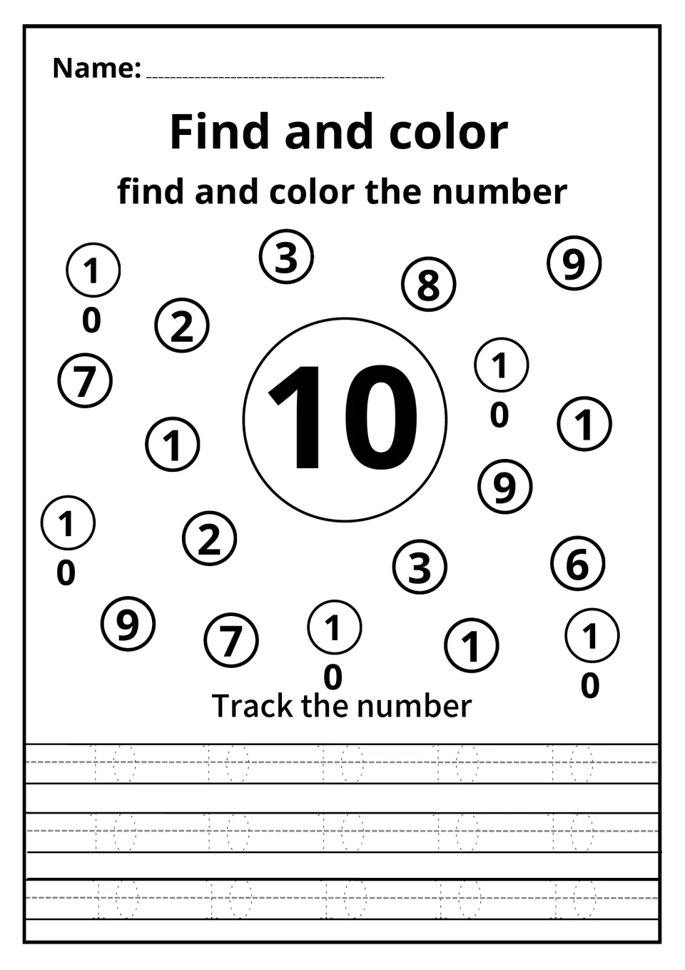 Number 10 recognition: students find the two-digit 10s among single digits, color them, and trace dotted 10s below