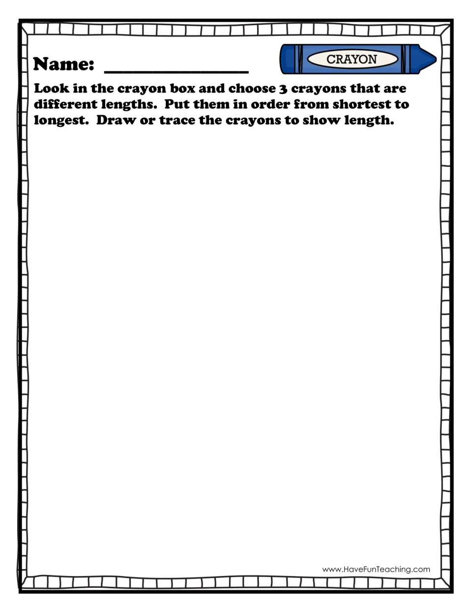 Ordering crayons by length: students pick 3 crayons from the box and draw or trace them from shortest to longest