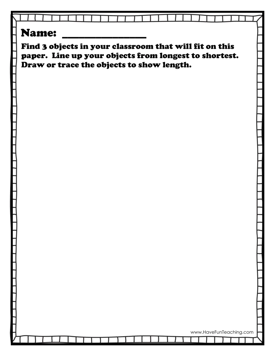 Ordering classroom objects: students find 3 items that fit on the paper and trace them lined up from longest to shortest