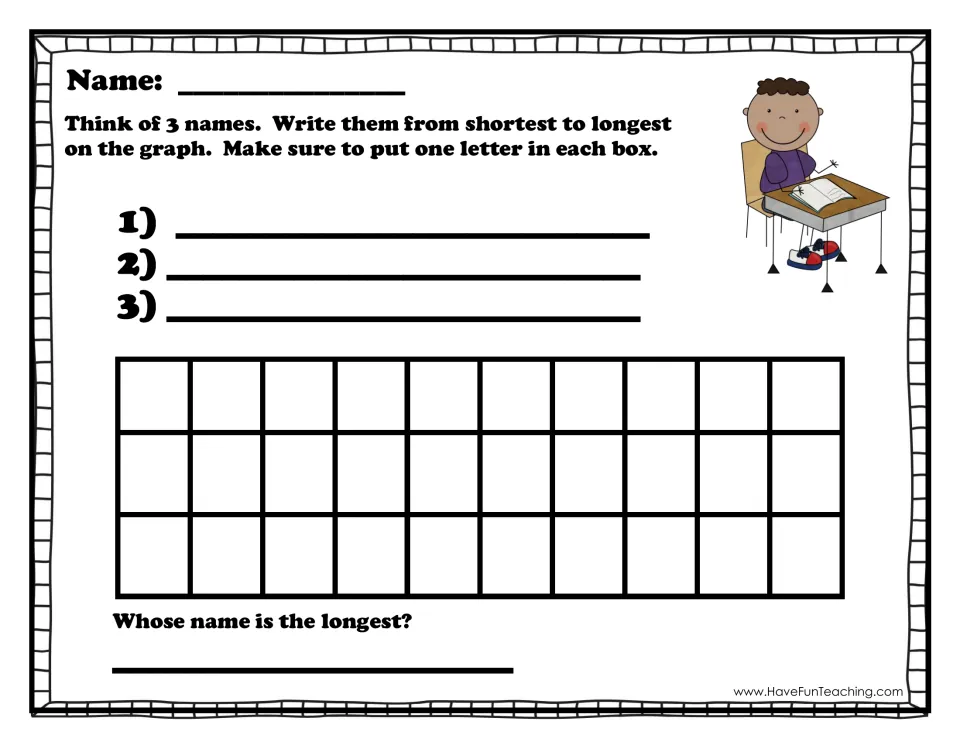 Name length graph: students write 3 names shortest to longest, one letter per box, then tell whose name is the longest