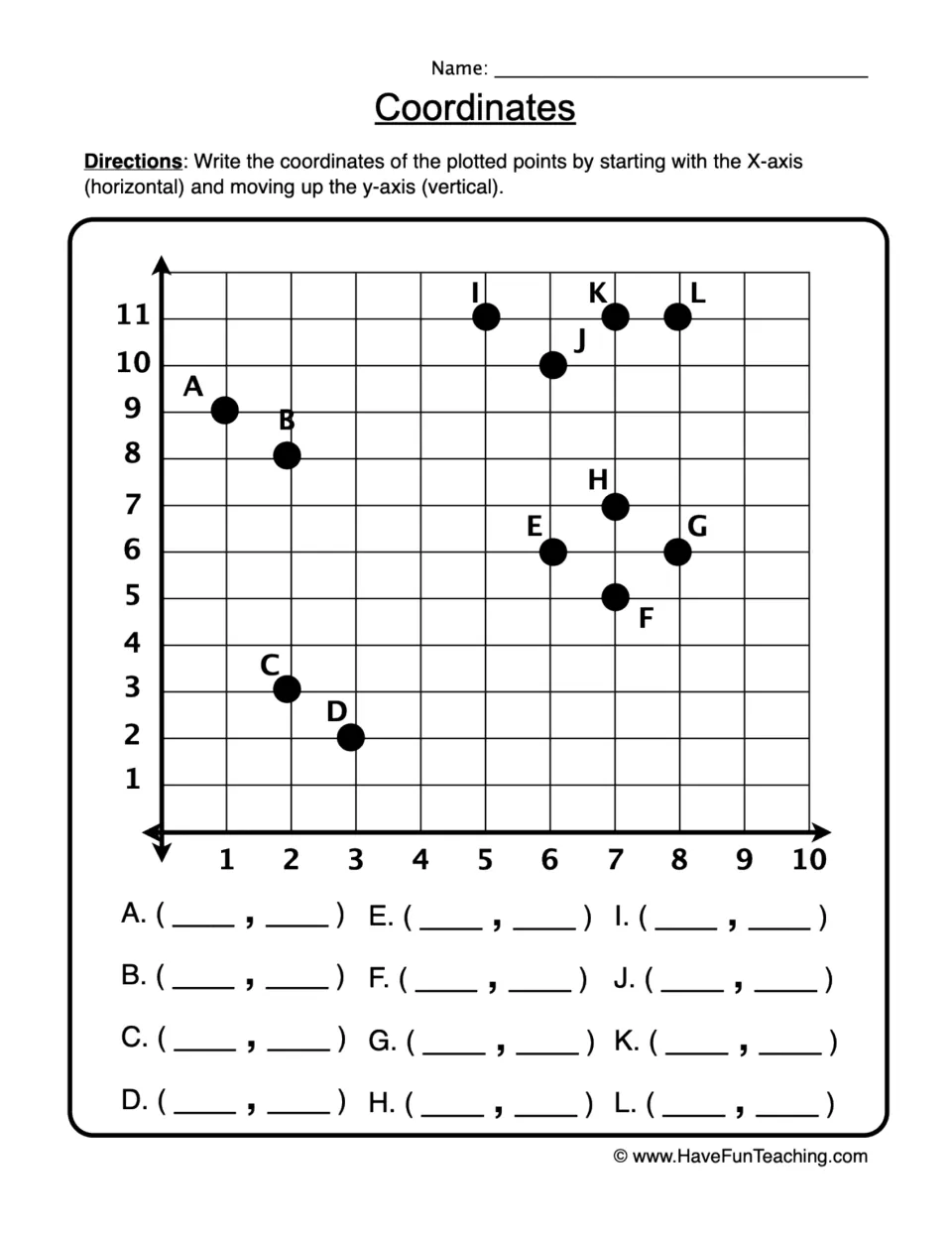 Coordinate pairs worksheet: identify the ordered pairs for 12 plotted points labeled A through L.