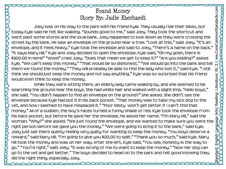 Found Money story by Judie Eberhardt: two boys find an envelope with $300 and decide whether to return it to Mary Hill