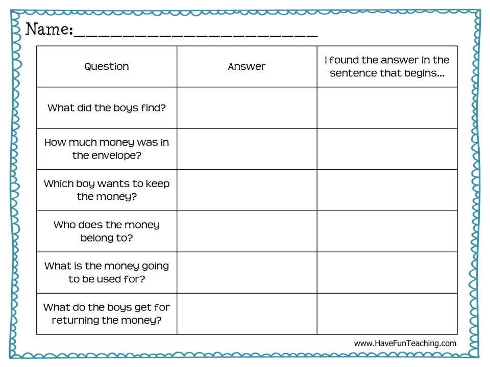 Found Money questions: students answer six story questions and copy the start of the sentence where each answer appears