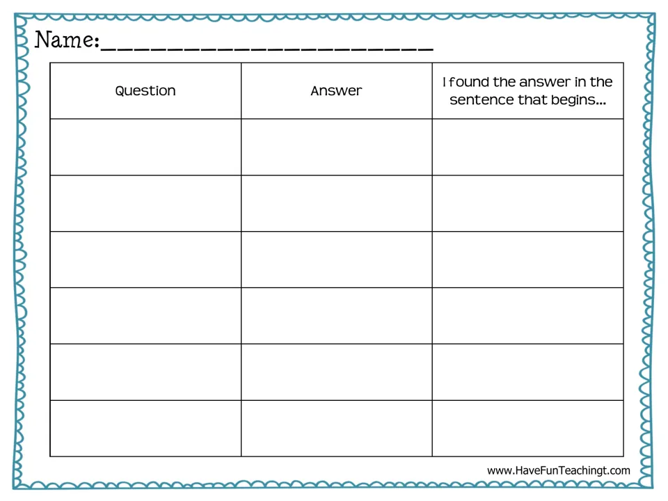 Blank text-evidence organizer: students write their questions, answers and the sentence opener where each answer appears