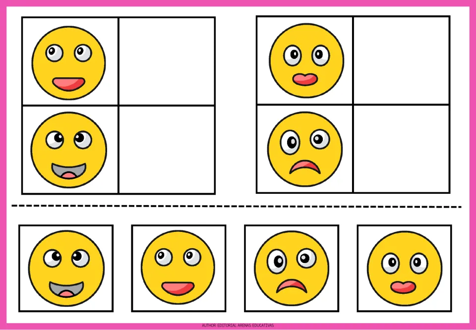 Emoji matching exercises 1–4: four faces with different smiles or a frown, plus matching face cutouts.