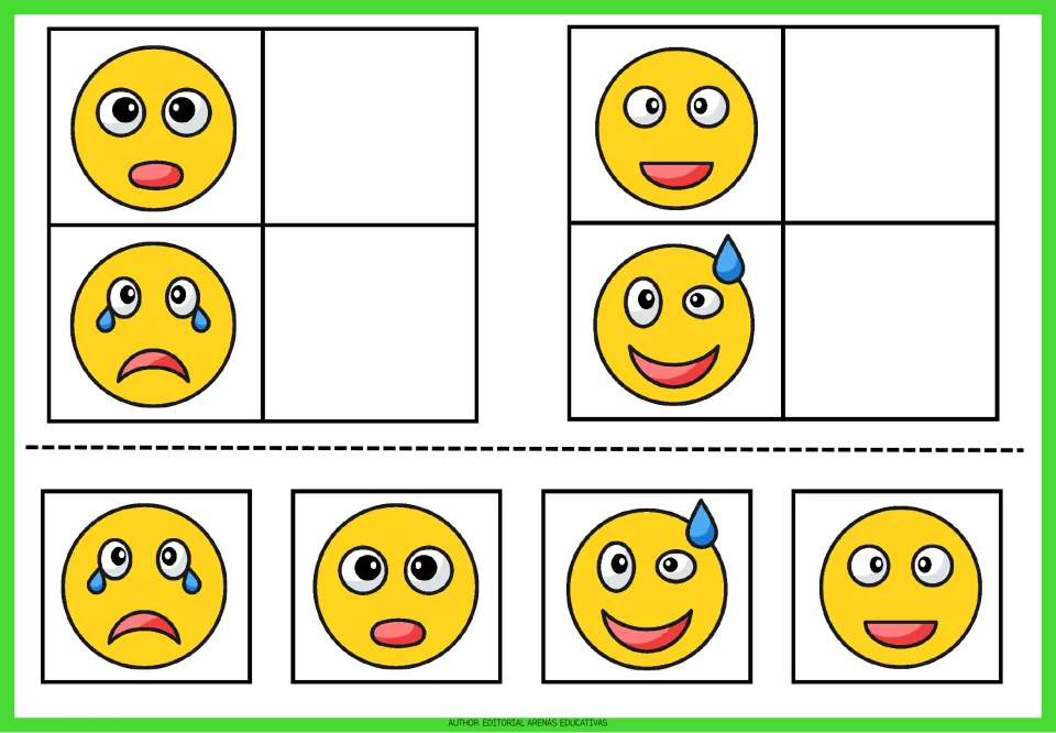 Emoji matching exercises 5–8: surprised, crying, smiling, and sweating faces with matching cutouts.