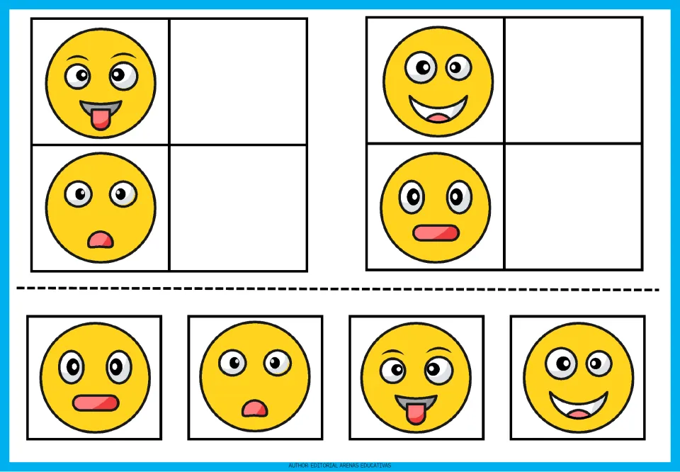 Emoji matching exercises 9–12: a tongue-out face, a toothy smile, and two open-mouth faces with cutouts.