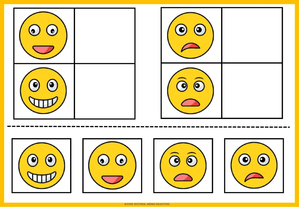 Emoji matching exercises 13–16: a smile, a toothy grin, a frown, and a worried face with matching cutouts.