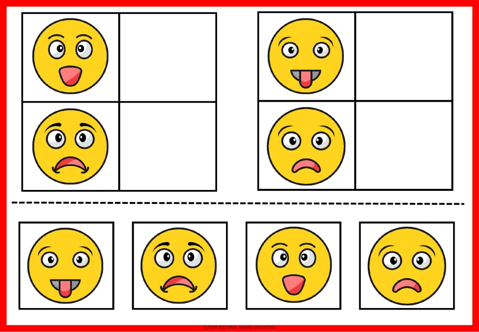 Emoji matching exercises 17–20: an open-mouth smile, a tongue-out face, and two sad faces with cutouts.