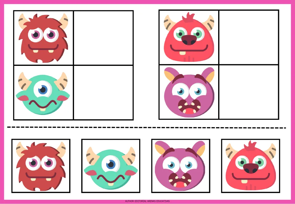 Monster matching sheet 1: red furry, mint one-eyed, pink horned, and purple big-eared monsters with cutouts