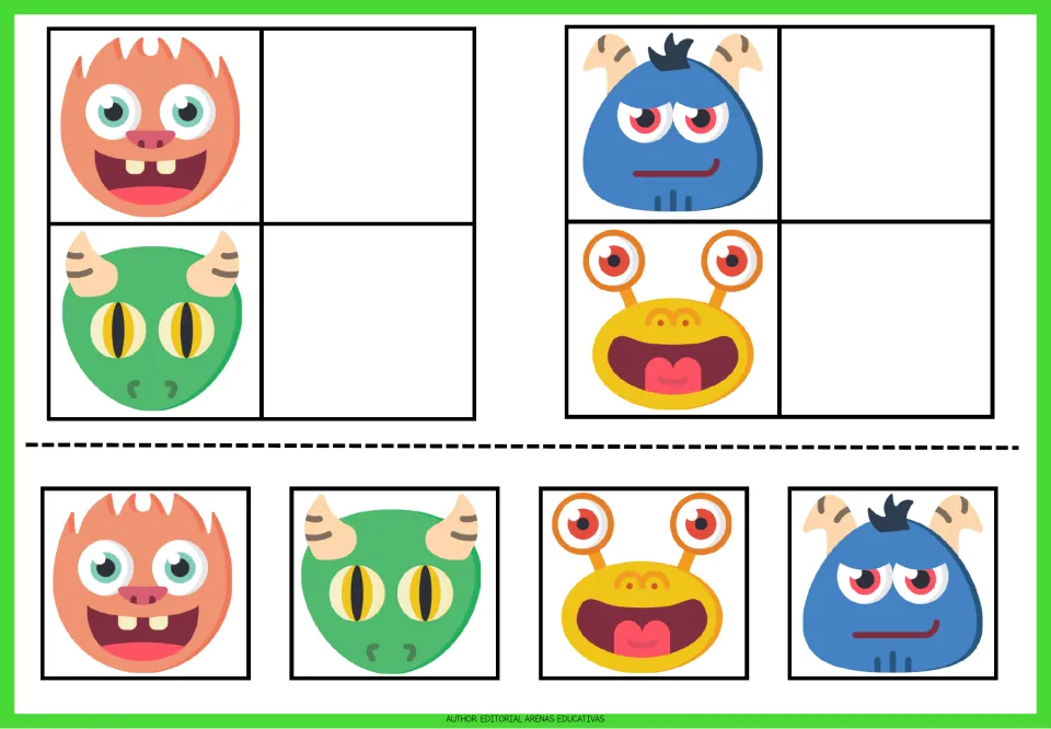 Monster matching sheet 2: orange flame-shaped, green horned, blue horned, and yellow stalk-eyed monsters
