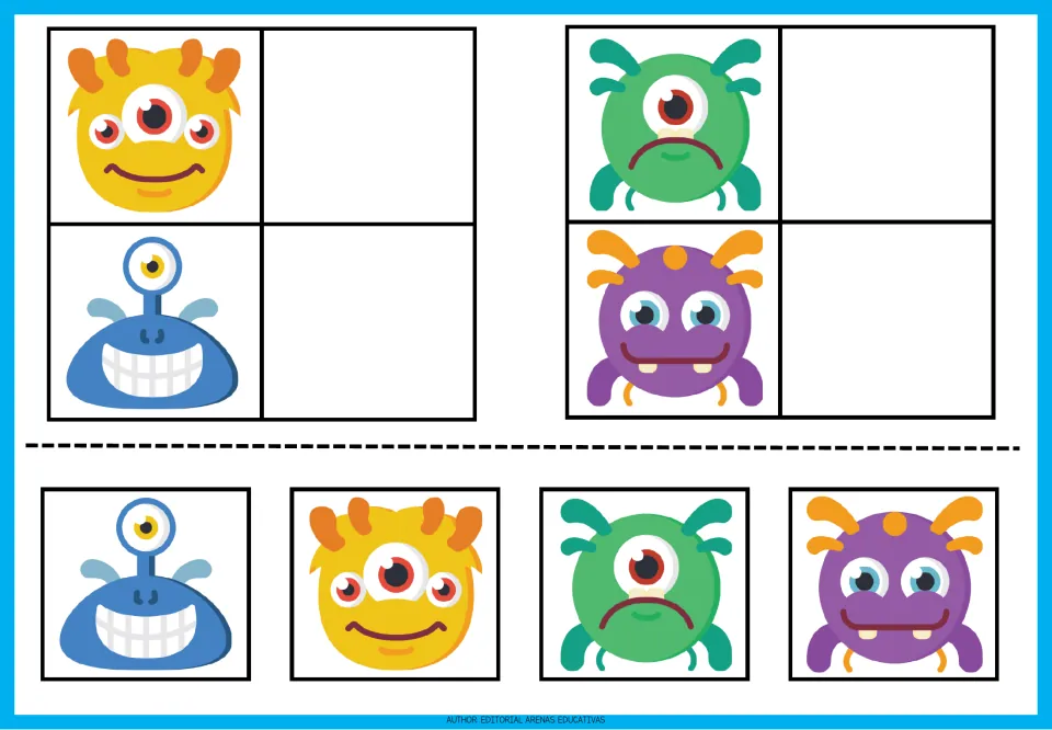 Monster matching sheet 3: yellow three-eyed, blue grinning, green one-eyed, and purple two-eyed monsters