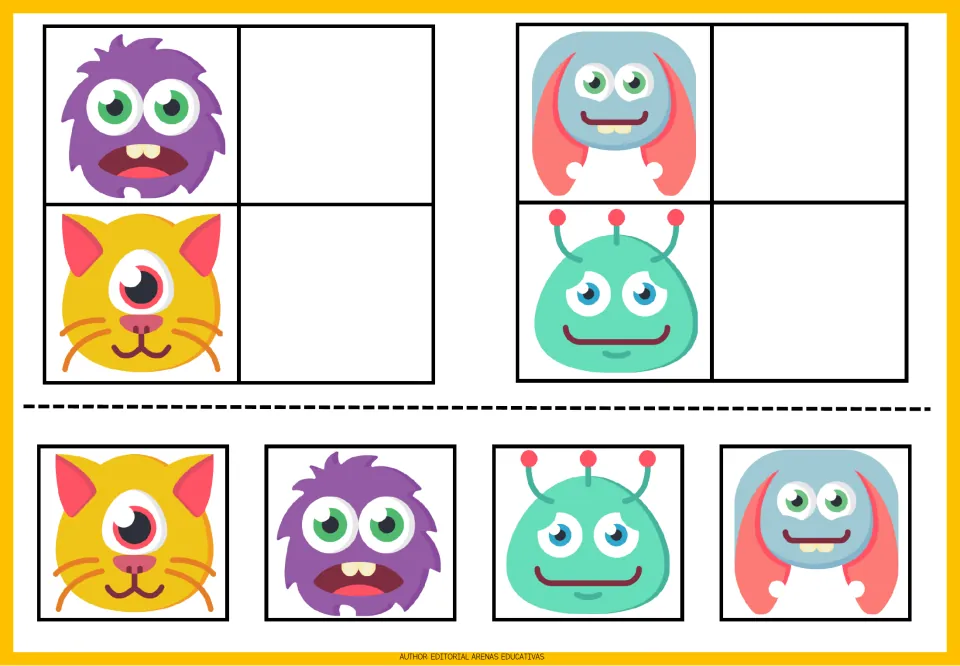 Monster matching sheet 4: purple furry, yellow catlike, blue long-eared, and mint three-antenna monsters