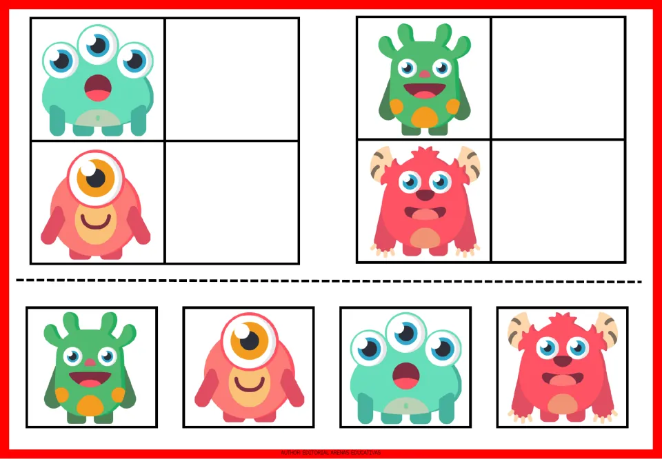 Monster matching sheet 5: mint three-eyed, pink one-eyed, green spotted, and red horned monsters to match