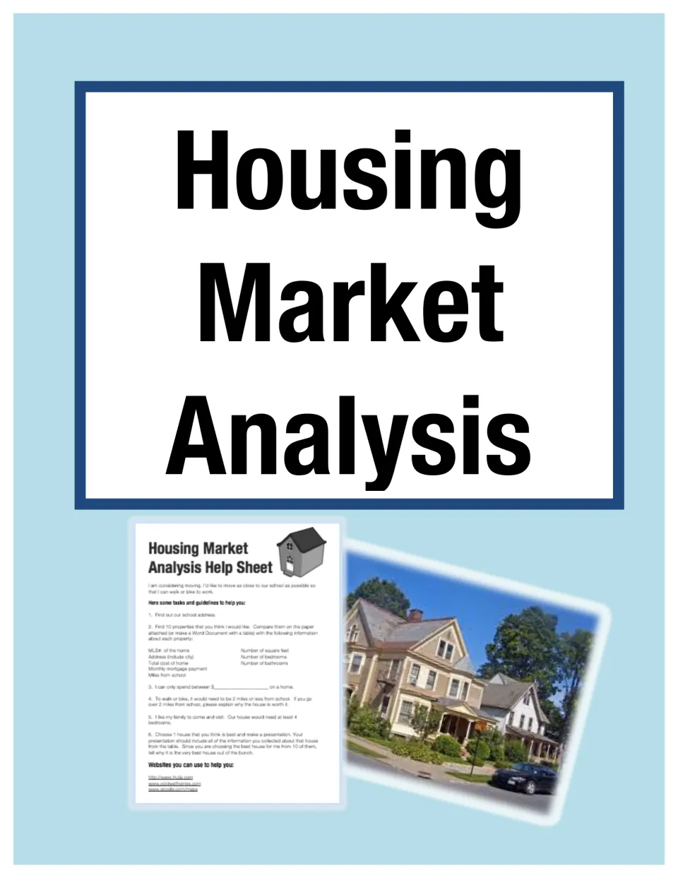 Housing Market Analysis project cover showing a sample student help sheet and a photograph of houses