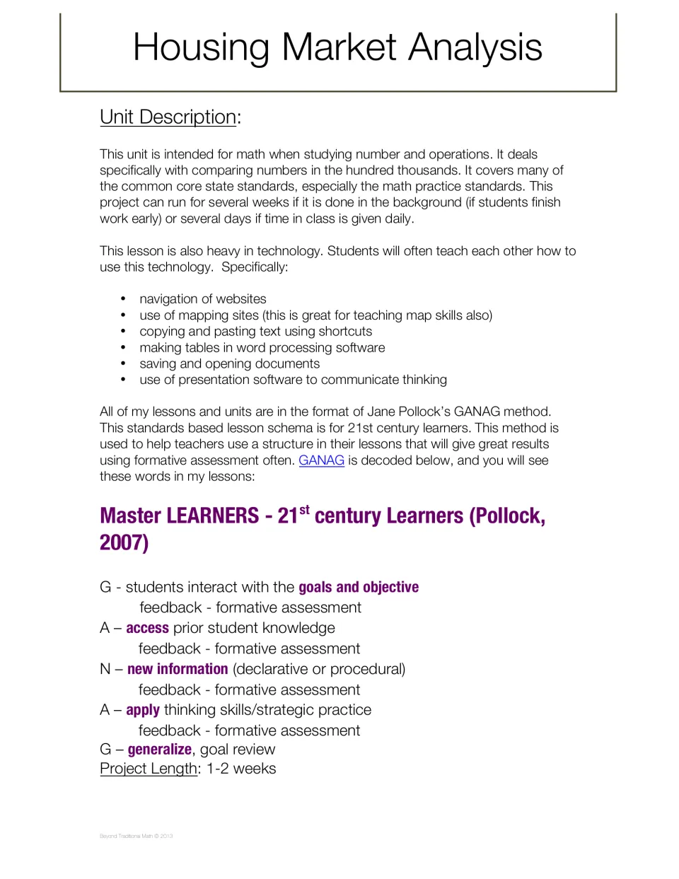 Math project overview explains comparing numbers in the hundred thousands, technology skills, and GANAG