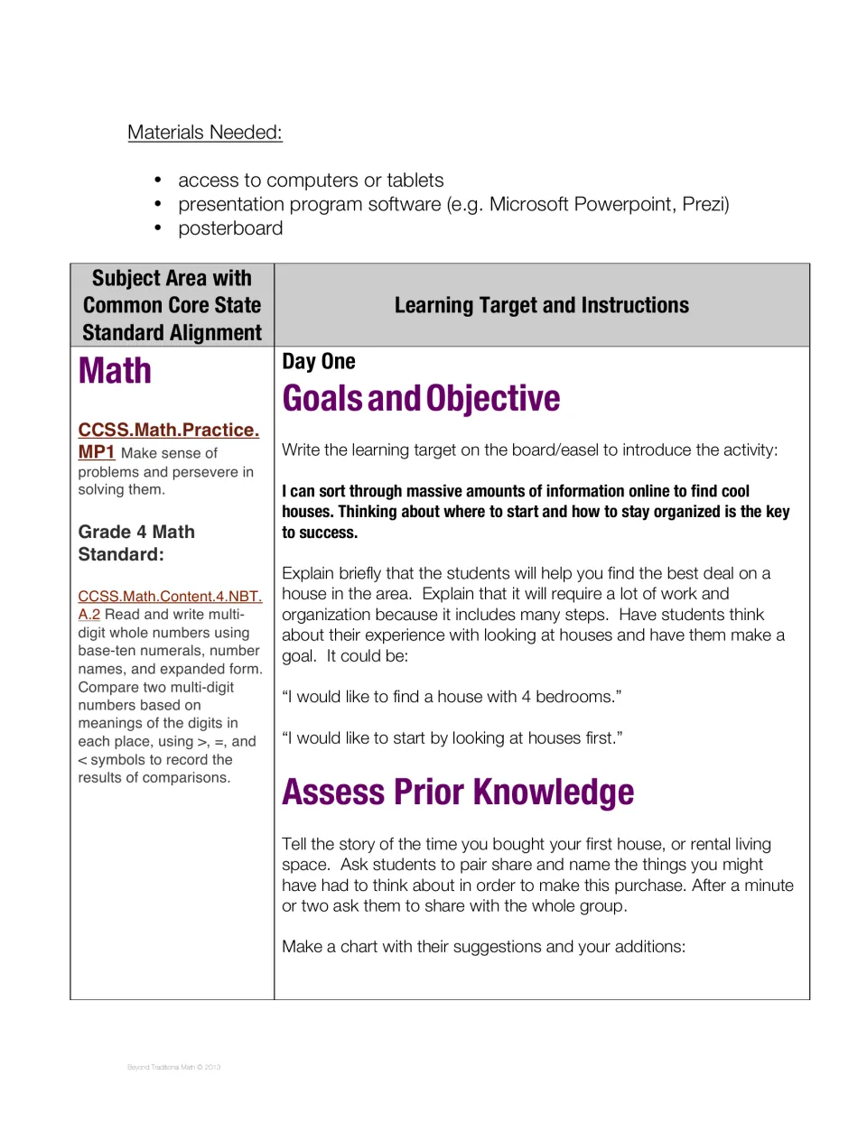Day One teacher plan lists materials, introduces the home search goal, and activates prior knowledge